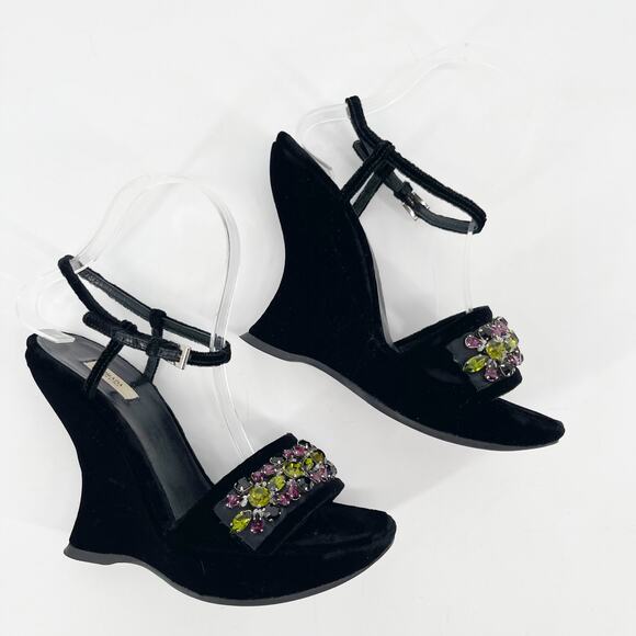 Vintage Prada Black Velvet Jeweled Embellished Platform Wedge Heel Sandals IT 37 - Picture 3 of 10